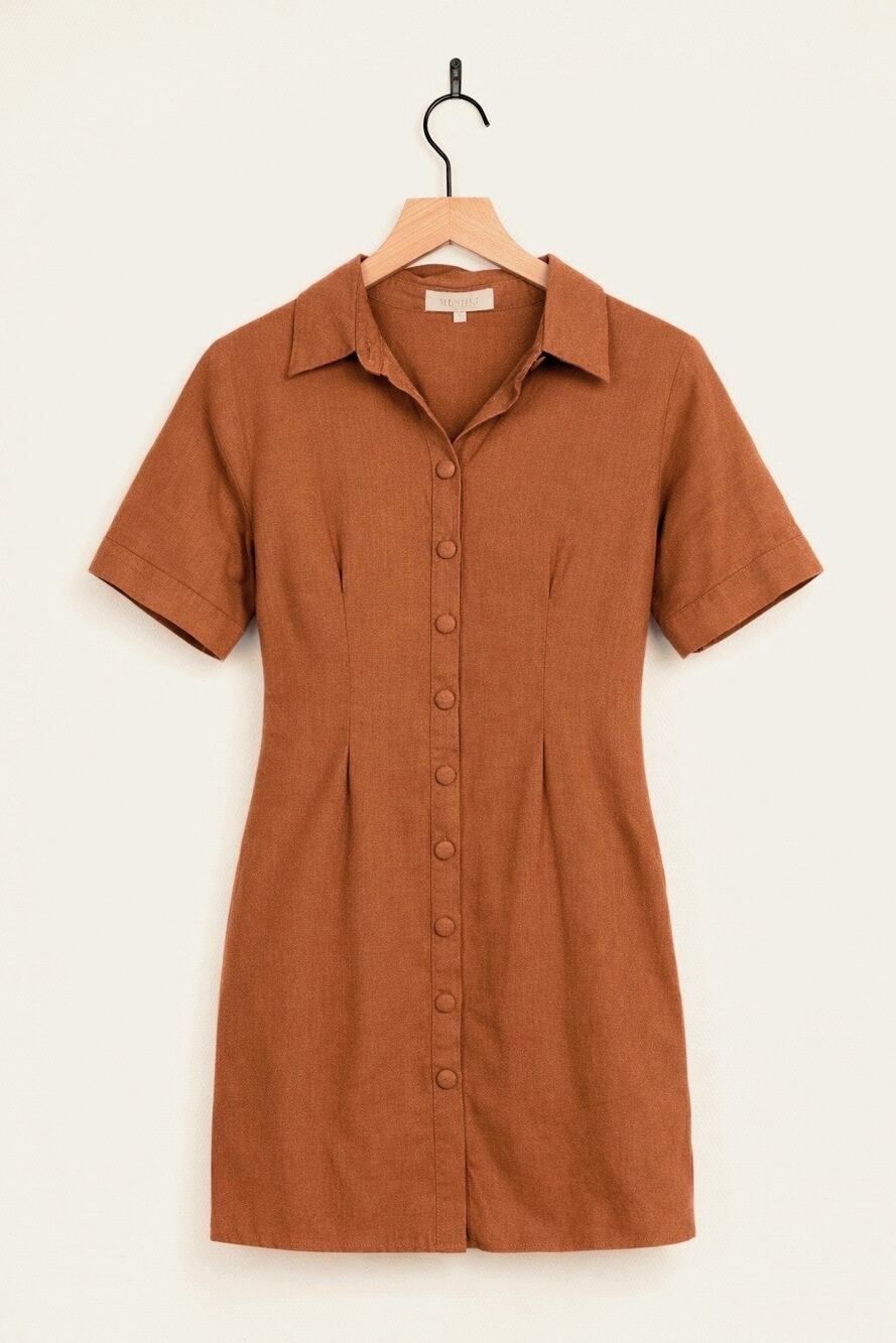 Meshki Palma Cinched Waist Linen Button up Dress Brown Sz Small